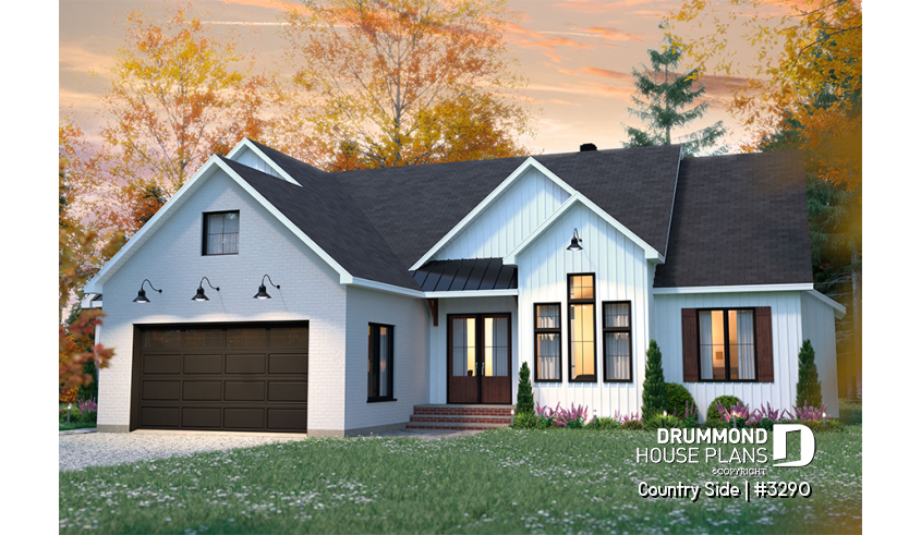 front - BASE MODEL - Spacious 3 bedroom Farmhouse style house plan with formal dining, large family room and lots of light. - Country Side
