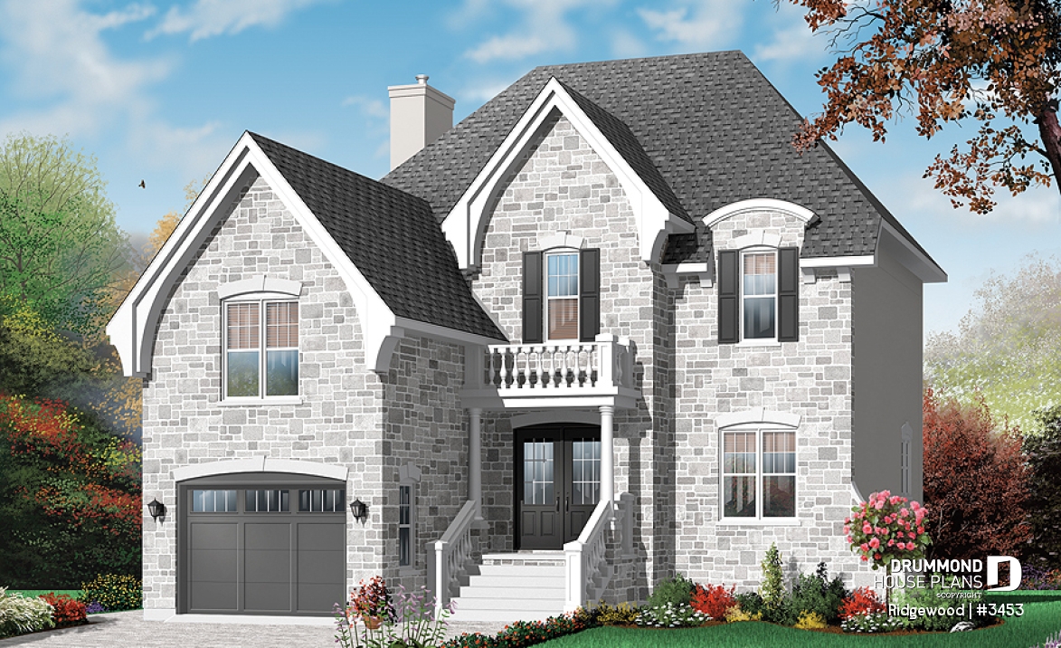 front - BASE MODEL - Beautiful 3 bedroom European home plan with garage and bonus space  - Ridgewood