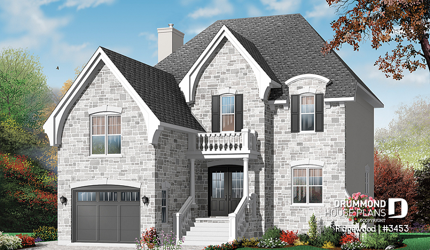 front - BASE MODEL - Beautiful 3 bedroom European home plan with office, garage and bonus space  - Ridgewood