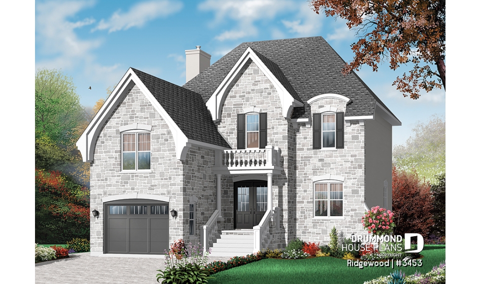 front - BASE MODEL - Beautiful 3 bedroom European home plan with garage and bonus space  - Ridgewood