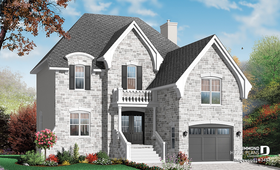 front - BASE MODEL - Beautiful 3 bedroom European home plan with garage and bonus space  - Ridgewood