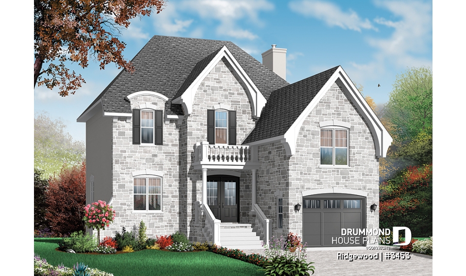 front - BASE MODEL - Beautiful 3 bedroom European home plan with garage and bonus space  - Ridgewood