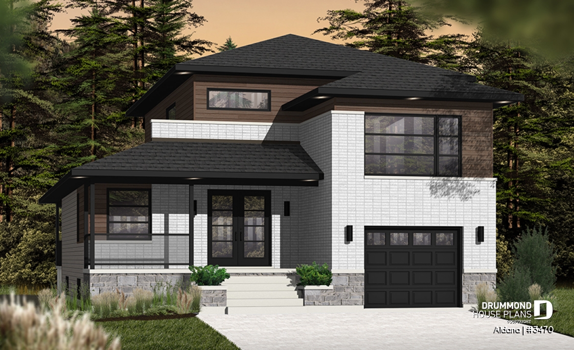 front - BASE MODEL - Modern home plan, master suite, 4 bedrooms, 3 bathrooms, covered deck, home office, open floor concept - Aldana