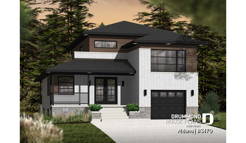 front - BASE MODEL - Modern home plan, master suite, 4 bedrooms, 3 bathrooms, covered deck, home office, open floor concept - Aldana
