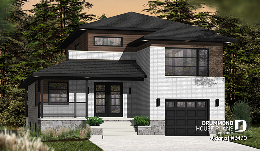 front - BASE MODEL - Modern home plan, master suite, 4 bedrooms, 3 bathrooms, covered deck, home office, open floor concept - Aldana