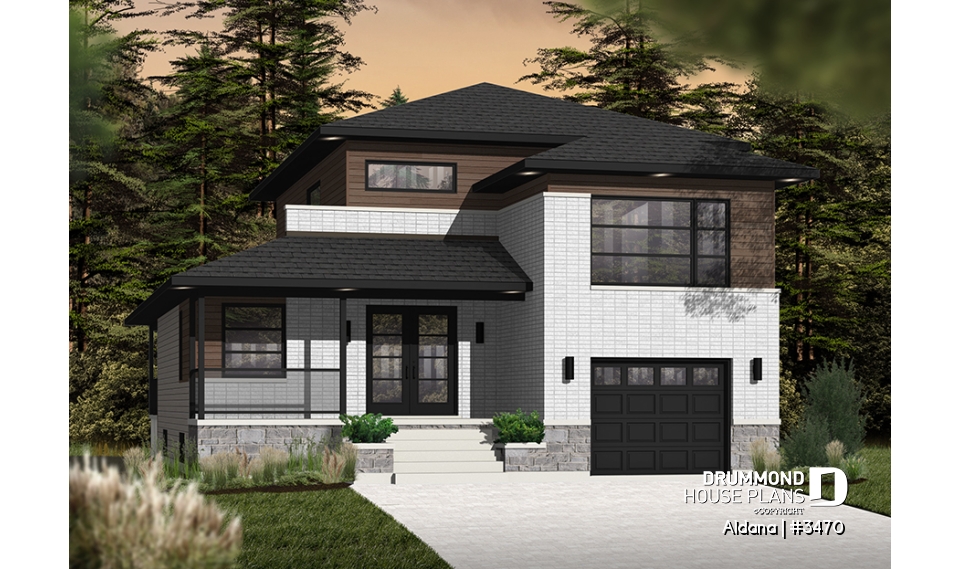 front - BASE MODEL - Modern home plan, master suite, 4 bedrooms, 3 bathrooms, covered deck, home office, open floor concept - Aldana