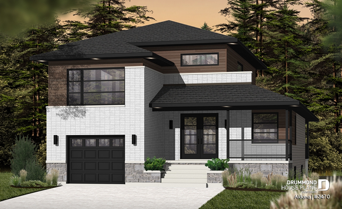 front - BASE MODEL - Modern home plan, master suite, 4 bedrooms, 3 bathrooms, covered deck, home office, open floor concept - Aldana