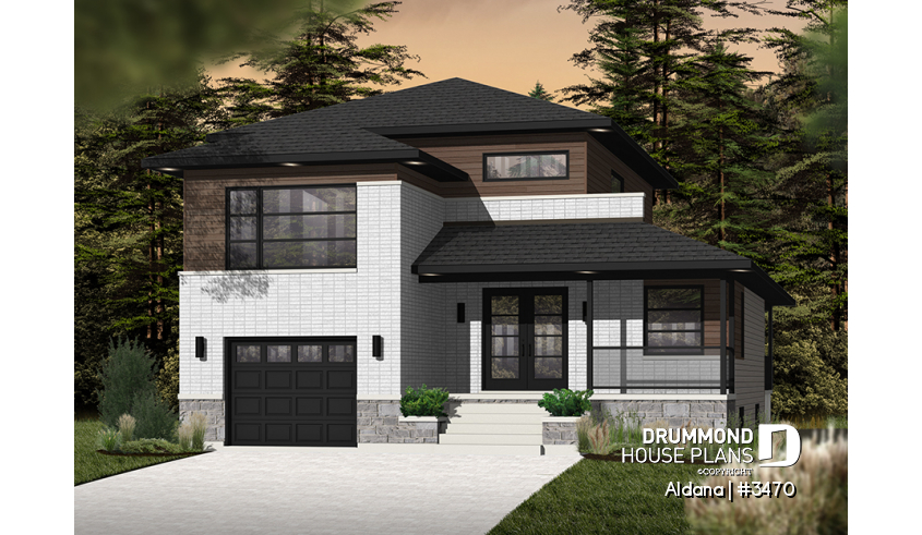 front - BASE MODEL - Modern home plan, master suite, 4 bedrooms, 3 bathrooms, covered deck, home office, open floor concept - Aldana