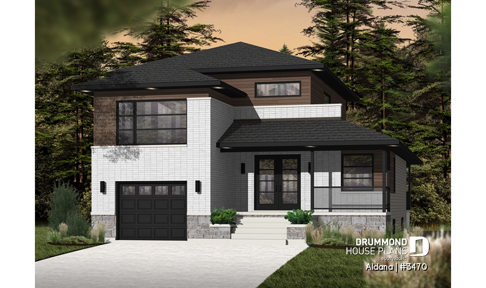 front - BASE MODEL - Modern home plan, master suite, 4 bedrooms, 3 bathrooms, covered deck, home office, open floor concept - Aldana