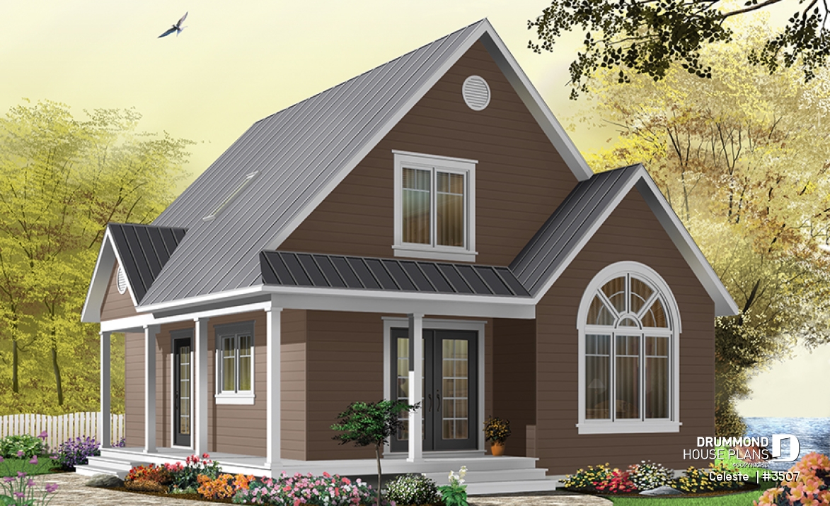 front - BASE MODEL - Affordable country cottage house plan, 2 to 3 bedrooms or home office, mezzanine, covered balcony - Celeste 