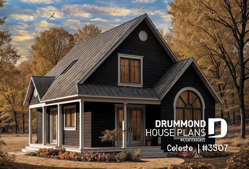 front - BASE MODEL - Affordable country cottage house plan, 2 to 3 bedrooms or home office, mezzanine, covered balcony - Celeste 