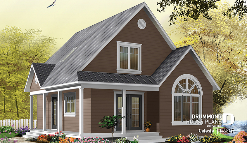 front - BASE MODEL - Affordable country cottage house plan, 2 to 3 bedrooms or home office, mezzanine, covered balcony - Celeste 