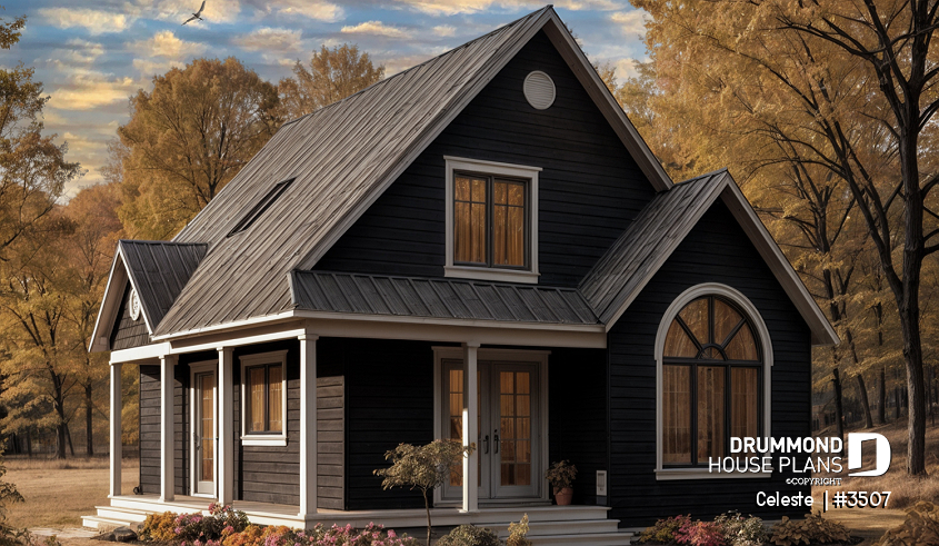 front - BASE MODEL - Affordable country cottage house plan, 2 to 3 bedrooms or home office, mezzanine, covered balcony - Celeste 