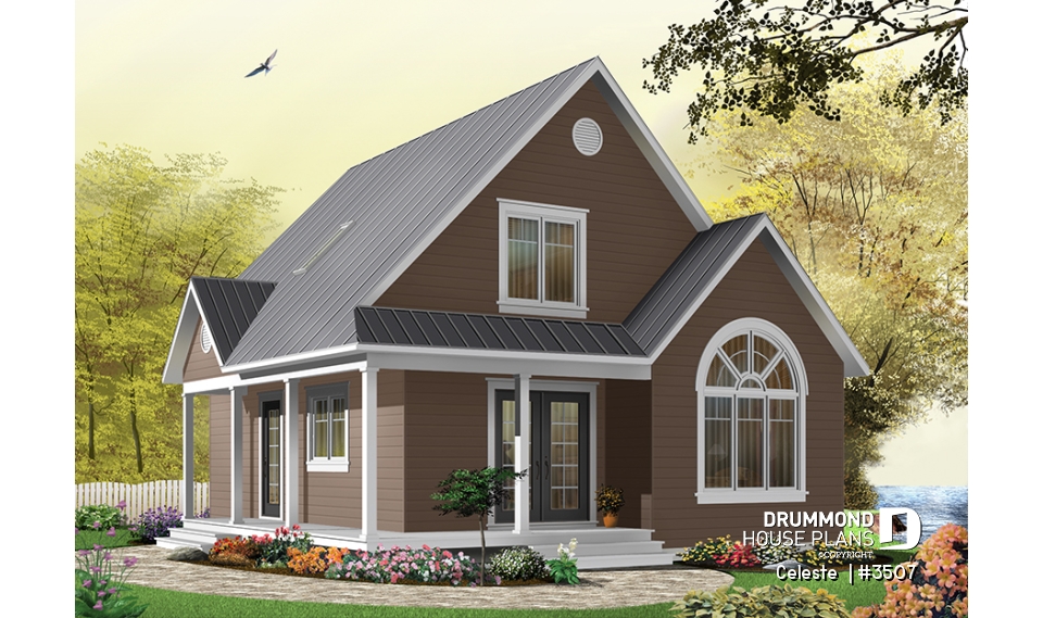 front - BASE MODEL - Affordable country cottage house plan, 2 to 3 bedrooms or home office, mezzanine, covered balcony - Celeste 