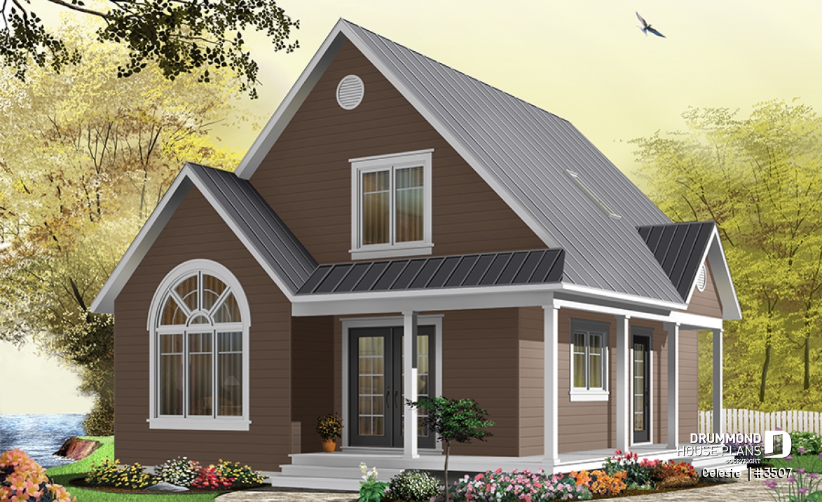 front - BASE MODEL - Affordable country cottage house plan, 2 to 3 bedrooms or home office, mezzanine, covered balcony - Celeste 