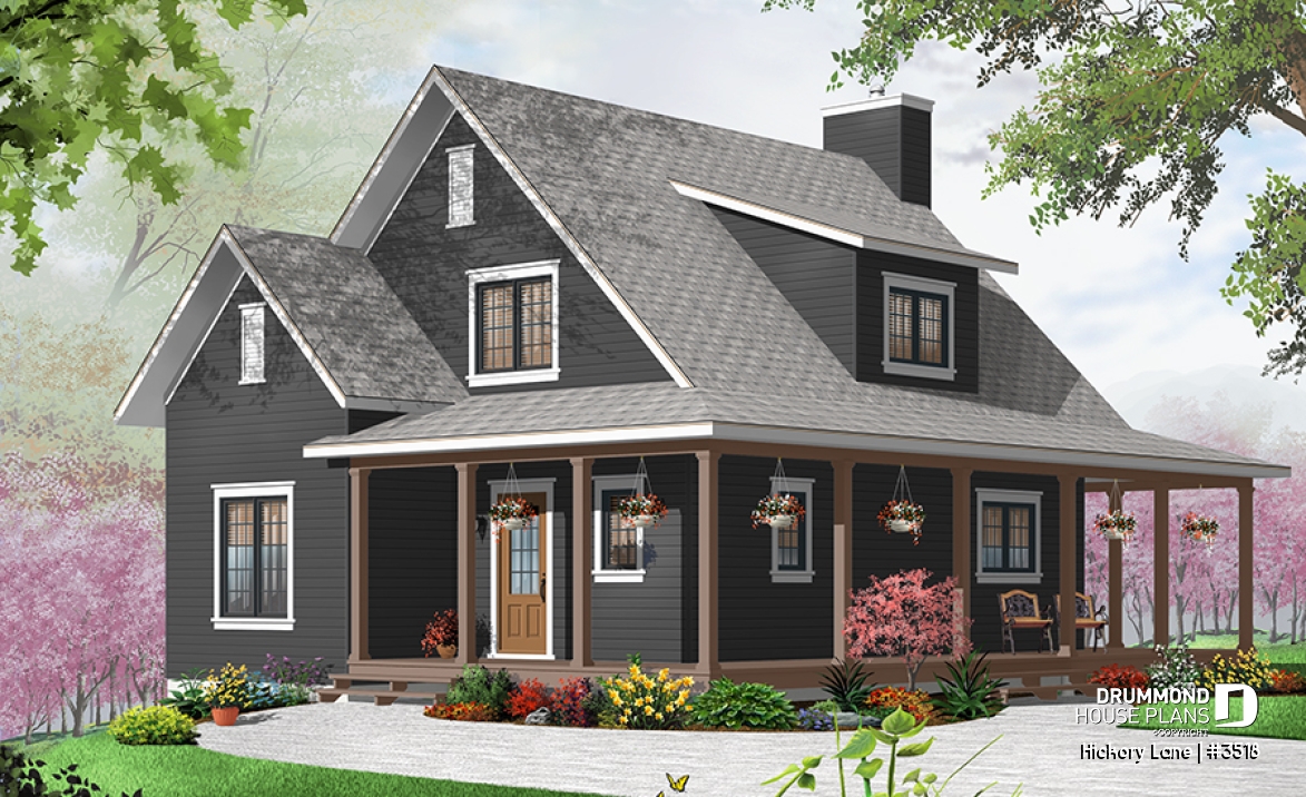 Color version 1 - Front - Beautiful farmhouse cottage house plan with wraparound porch, 3 beds, open floor plan, fireplace, mezzanine - Hickory Lane