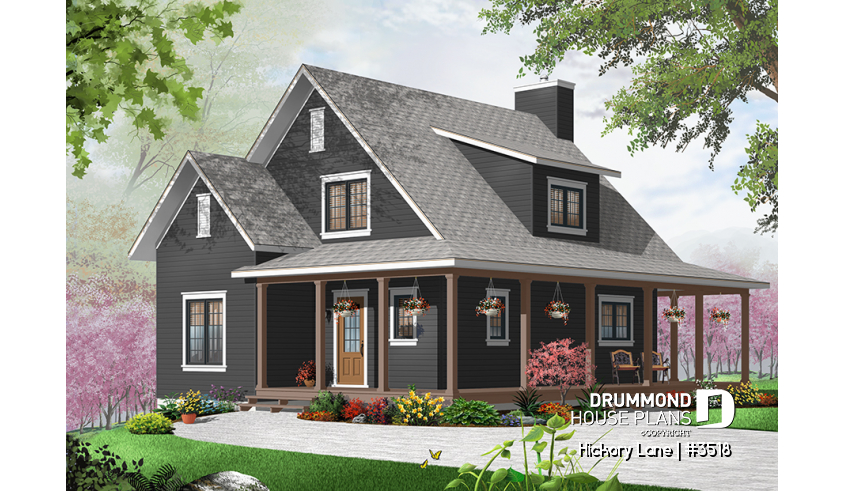 Color version 1 - Front of house plan 3518 Color version 1 - Front - Beautiful farmhouse cottage house plan with wraparound porch, 3 beds, open floor plan, fireplace, mezzanine - Hickory Lane