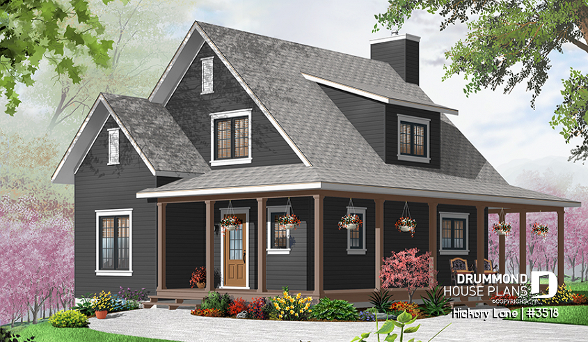 Color version 1 - Front - Beautiful farmhouse cottage house plan with wraparound porch, 3 beds, open floor plan, fireplace, mezzanine - Hickory Lane