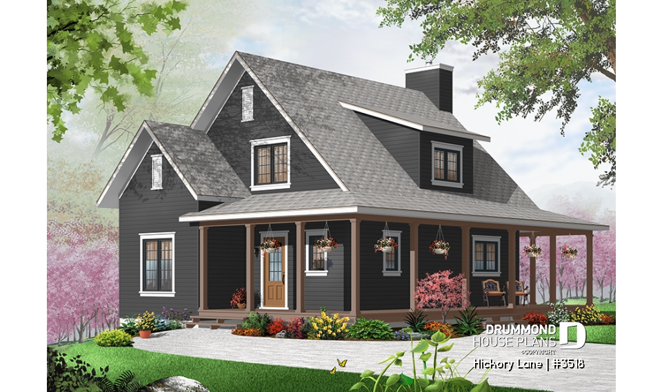 Color version 1 - Front - Beautiful farmhouse cottage house plan with wraparound porch, 3 beds, open floor plan, fireplace, mezzanine - Hickory Lane