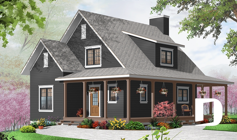 Color version 1 - Front - Beautiful farmhouse cottage house plan with wraparound porch, 3 beds, open floor plan, fireplace, mezzanine - Hickory Lane