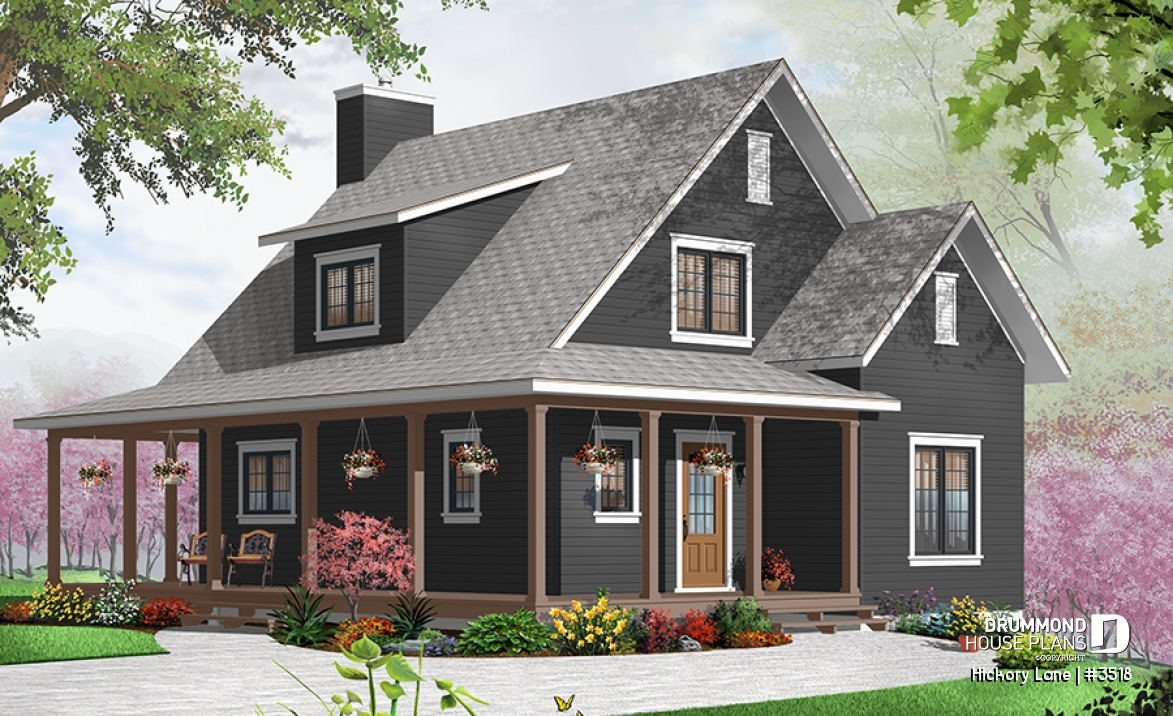 Color version 1 - Front - Beautiful farmhouse cottage house plan with wraparound porch, 3 beds, open floor plan, fireplace, mezzanine - Hickory Lane