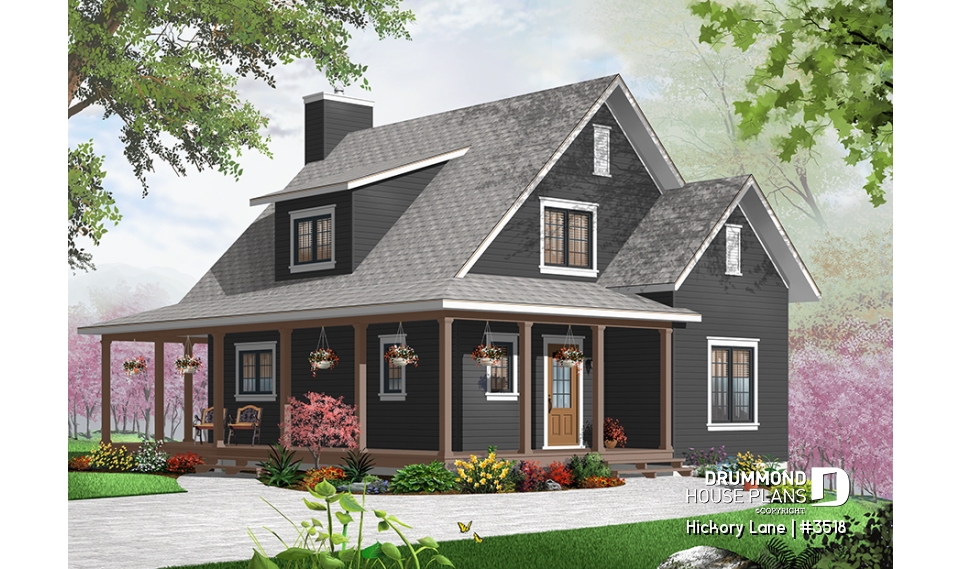 Color version 1 - Front - Beautiful farmhouse cottage house plan with wraparound porch, 3 beds, open floor plan, fireplace, mezzanine - Hickory Lane