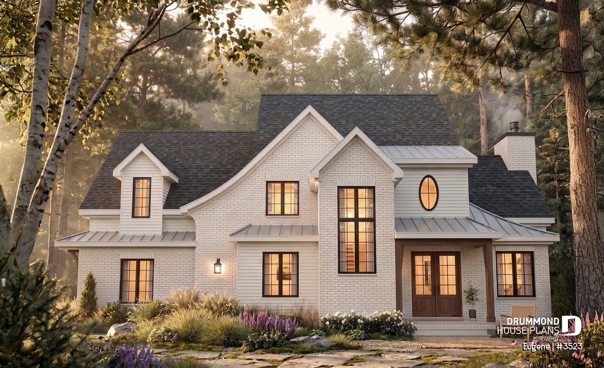 front - BASE MODEL - Two-story English Tudor-inspired house plan with double garage and up to 5 bedrooms. - Eugene