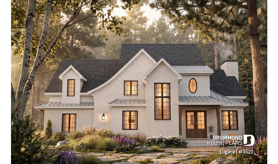 front - BASE MODEL - Two-story English Tudor-inspired house plan with double garage and up to 5 bedrooms. - Eugene