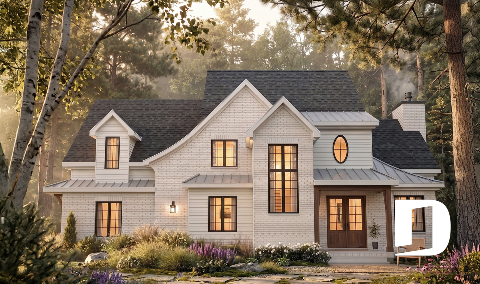 front - BASE MODEL - Two-story English Tudor-inspired house plan with double garage and up to 5 bedrooms. - Eugene