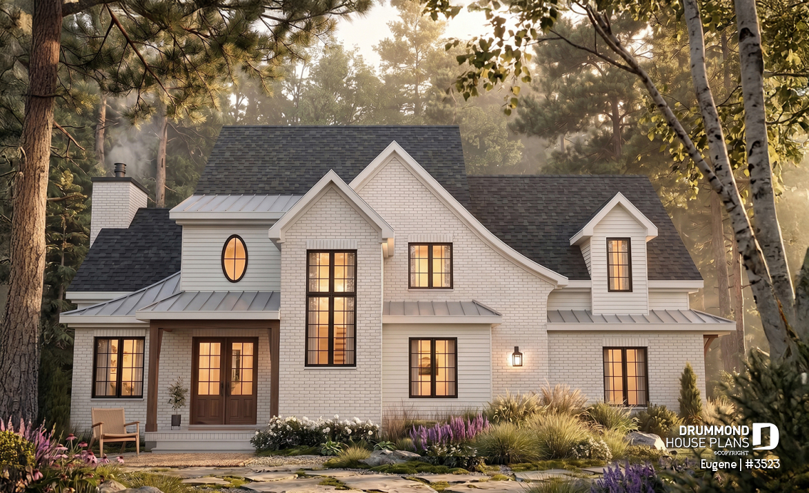front - BASE MODEL - Two-story English Tudor-inspired house plan with double garage and up to 5 bedrooms. - Eugene