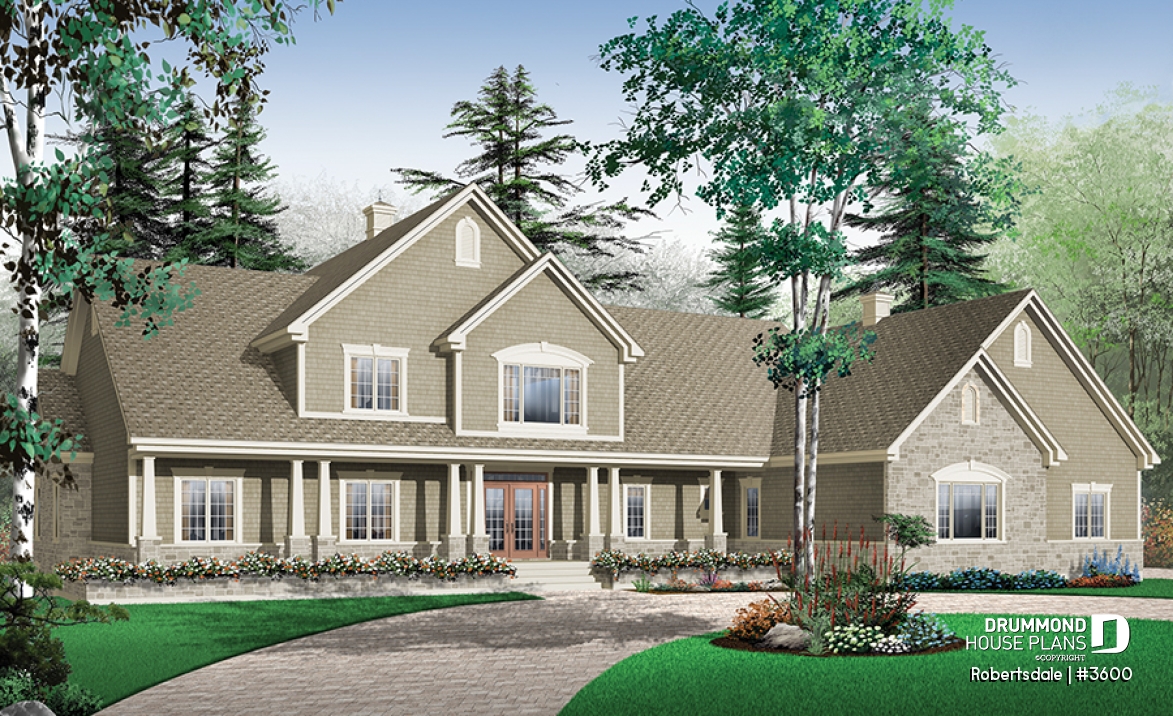 front - BASE MODEL - 5 to 6 bedrooms Traditional Bungalow house plan, with 3-car garage and two separate family rooms - Robertsdale