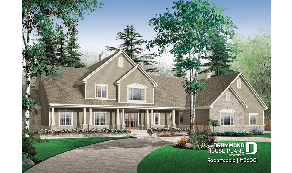 front - BASE MODEL - 5 to 6 bedrooms Traditional Bungalow house plan, with 3-car garage and two separate family rooms - Robertsdale