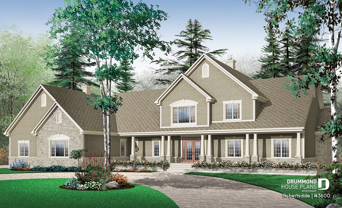 front - BASE MODEL - 5 to 6 bedrooms Traditional Bungalow house plan, with 3-car garage and two separate family rooms - Robertsdale