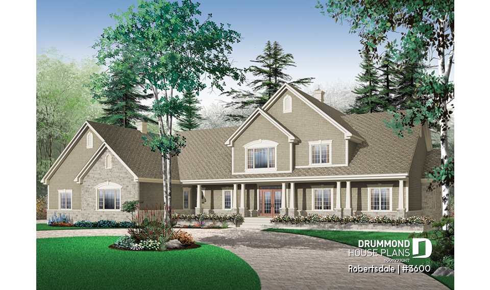 front - BASE MODEL - 5 to 6 bedrooms Traditional Bungalow house plan, with 3-car garage and two separate family rooms - Robertsdale