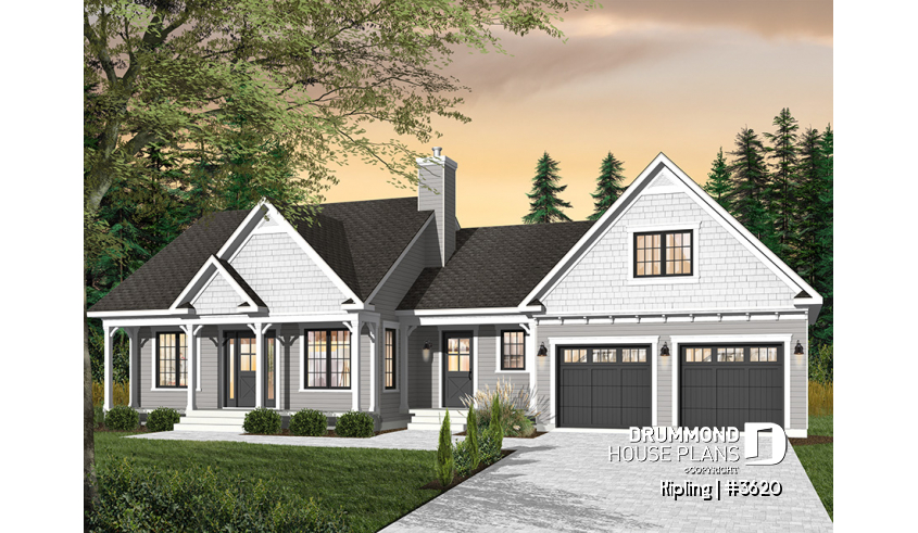 Color version 2 - Front - Modest 3 bedrooms 2 bathrooms ranch style house plan with 2-car garage, great master suite, open floor  - Kipling