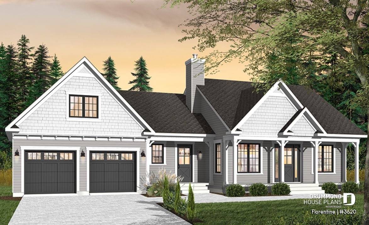 Color version 2 - Front - Modest 3 bedrooms 2 bathrooms ranch style house plan with 2-car garage, great master suite, open floor  - Florentine