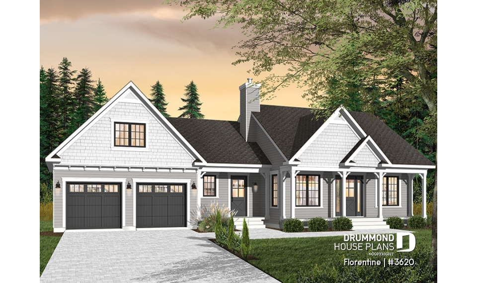 Color version 2 - Front - Modest 3 bedrooms 2 bathrooms ranch style house plan with 2-car garage, great master suite, open floor  - Florentine