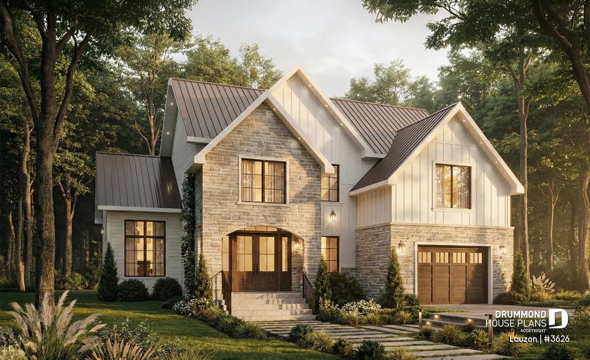 front - BASE MODEL - Bright family home plan with large upstairs primary suite, optional finished basement, garage &amp; covered patio - Lauzon