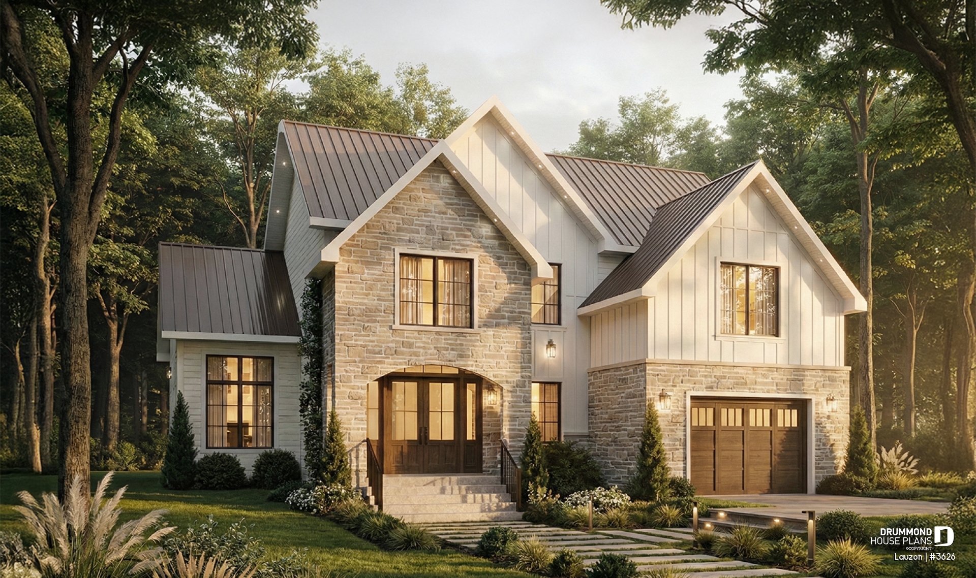 front - BASE MODEL - Bright family home plan with large upstairs primary suite, optional finished basement, garage &amp; covered patio - Lauzon