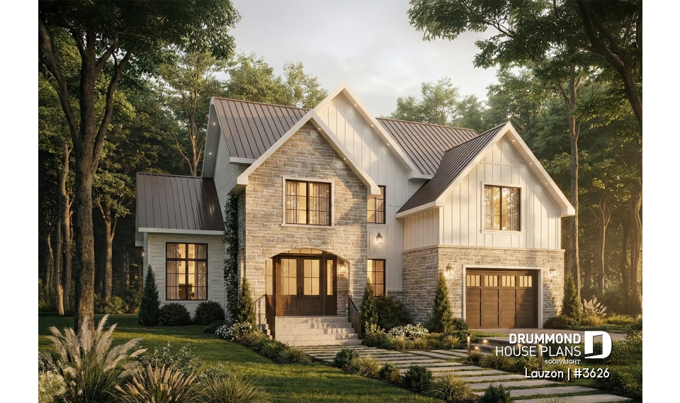 front - BASE MODEL - Bright family home plan with large upstairs primary suite, optional finished basement, garage &amp; covered patio - Lauzon