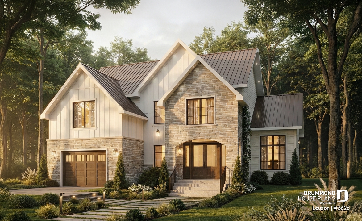 front - BASE MODEL - Bright family home plan with large upstairs primary suite, optional finished basement, garage &amp; covered patio - Lauzon