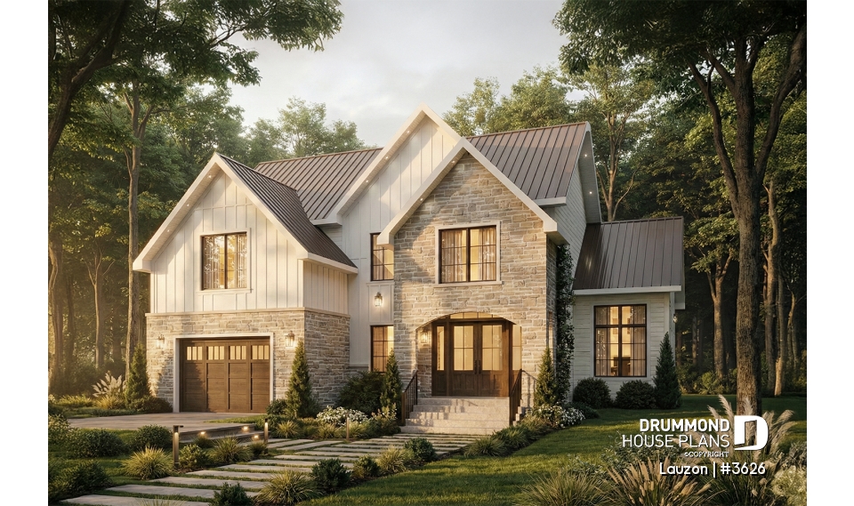 front - BASE MODEL - Bright family home plan with large upstairs primary suite, optional finished basement, garage &amp; covered patio - Lauzon