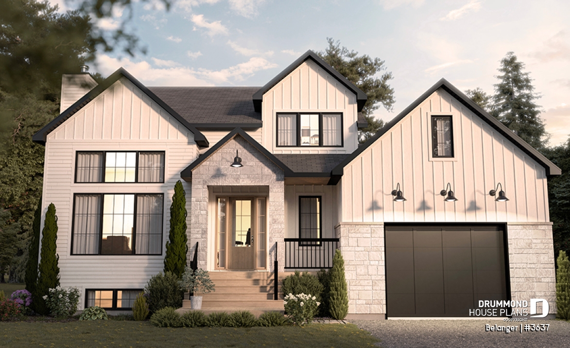 front - BASE MODEL - Modern farmhouse plan with 2 to 4 bedrooms, garage, great living room with fireplace, cathedral and built-ins - Belanger