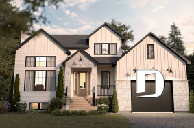 front - BASE MODEL - Modern farmhouse plan with 2 to 4 bedrooms, garage, great living room with fireplace, cathedral and built-ins - Belanger