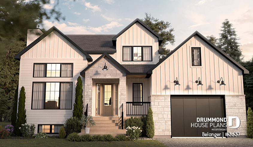 front - BASE MODEL - Modern farmhouse plan with 2 to 4 bedrooms, garage, great living room with fireplace, cathedral and built-ins - Belanger