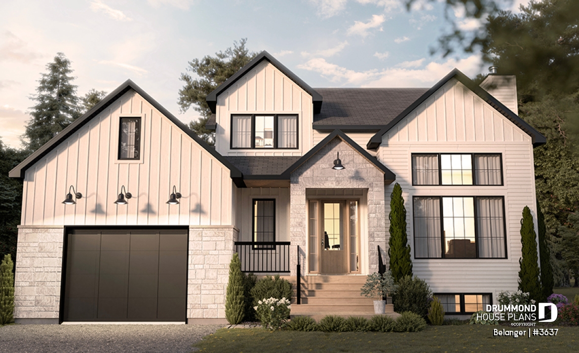 front - BASE MODEL - Modern farmhouse plan with 2 to 4 bedrooms, garage, great living room with fireplace, cathedral and built-ins - Belanger