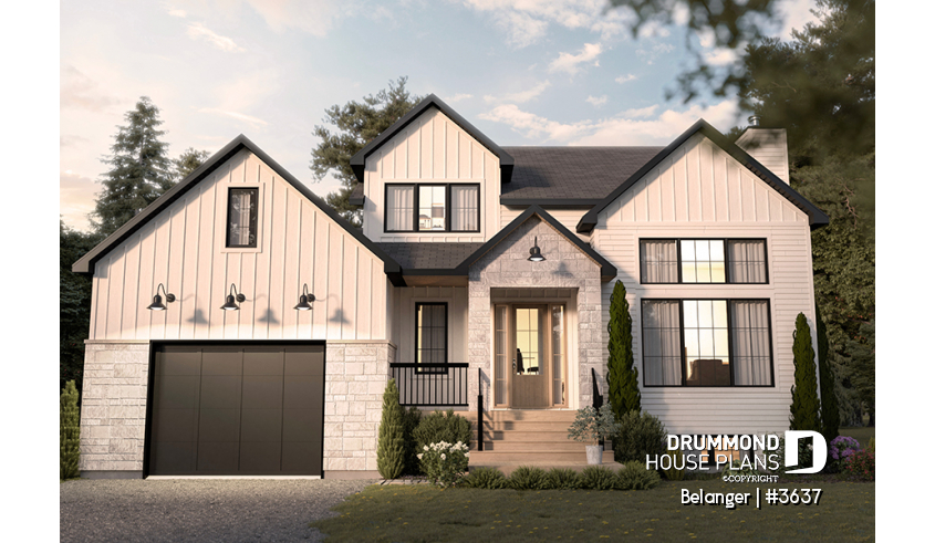 front - BASE MODEL - Modern farmhouse 4 bedrooms, garage, great living room with fireplace, cathedral and built-ins - Belanger