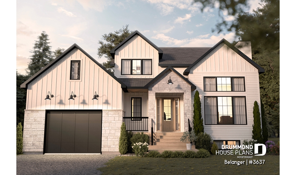 front - BASE MODEL - Modern farmhouse plan with 2 to 4 bedrooms, garage, great living room with fireplace, cathedral and built-ins - Belanger