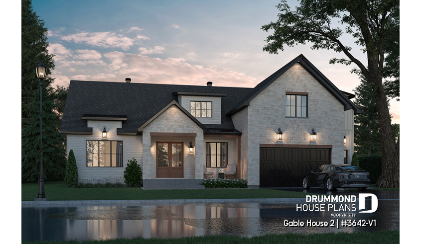 front - BASE MODEL - French country style home, 4 to 5 beds, 2.5 baths, master suite on main level, home office, 2-car garage - Gable House 2