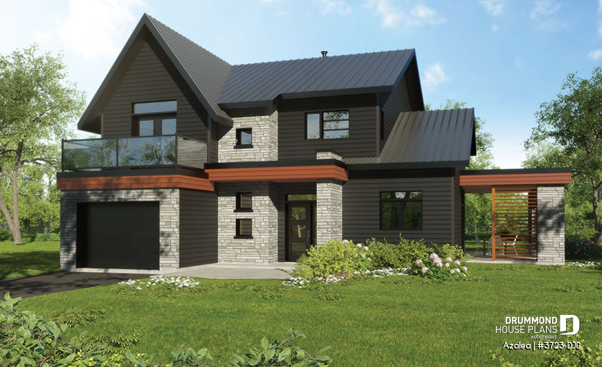 Color version 1 - Front - 3 to 4 bedroom Modern Scandinavian house, master w/ private balcony, covered deck, den on main floor - Azalea